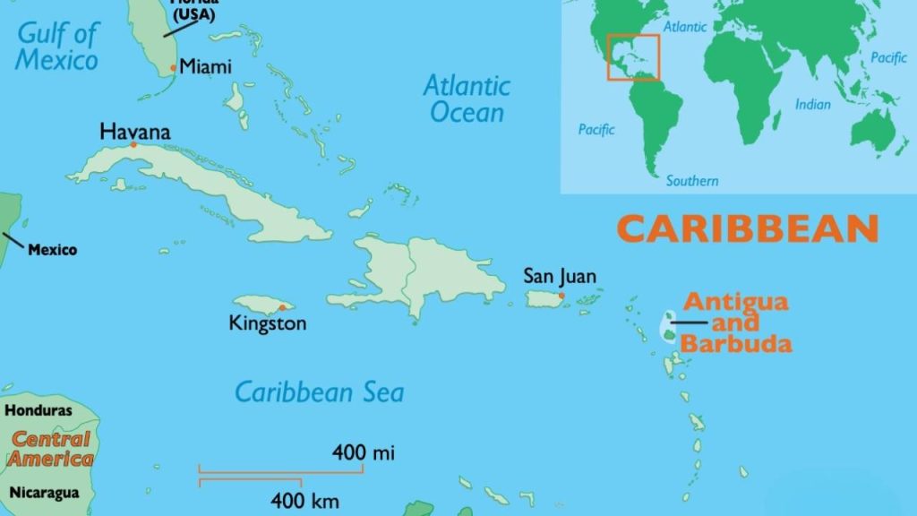 Antigua ve Barbuda'nın Karayipler'deki konumunu gösteren harita